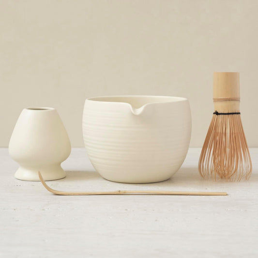 Matcha Whisk Set, Ceramic Matcha Bowl & Whisk Holder, Bamboo Accessory, Modern Design (Matte Crème, Pouring Spout) (Matte Crème)