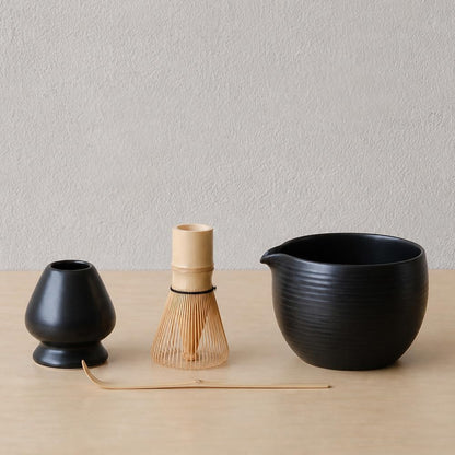 Matcha Whisk Set, Ceramic Matcha Bowl & Whisk Holder, Bamboo Accessory, Modern Design (Matte Crème, Pouring Spout) (Matte Crème)