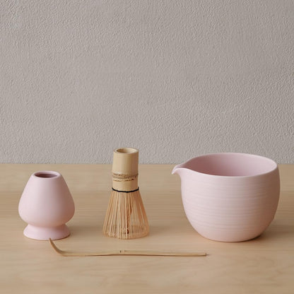 Matcha Whisk Set, Ceramic Matcha Bowl & Whisk Holder, Bamboo Accessory, Modern Design (Matte Crème, Pouring Spout) (Matte Crème)