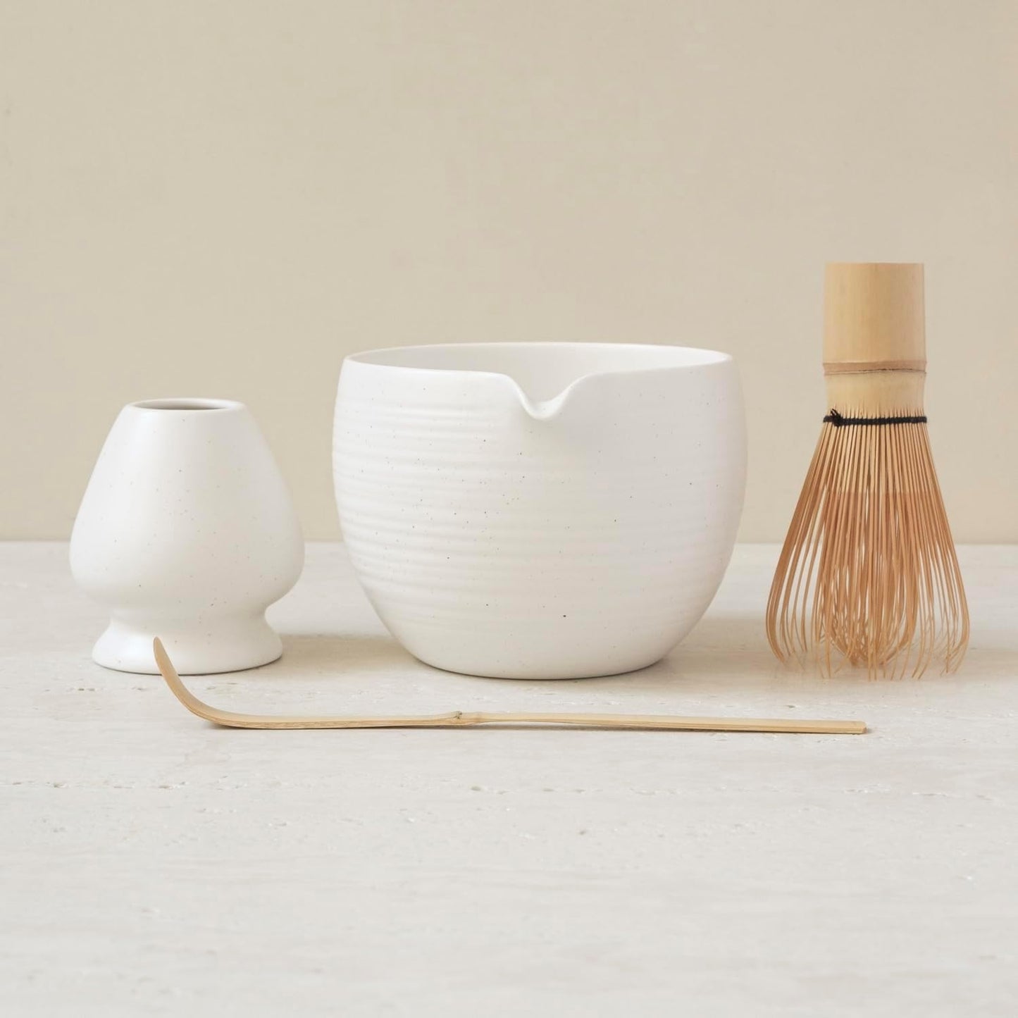 Matcha Whisk Set, Ceramic Matcha Bowl & Whisk Holder, Bamboo Accessory, Modern Design (Matte Crème, Pouring Spout) (Matte Crème)