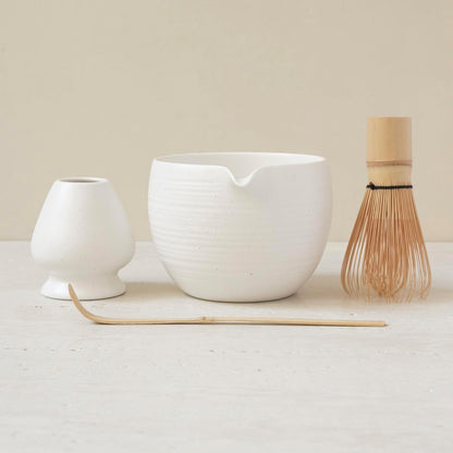 Matcha Whisk Set, Ceramic Matcha Bowl & Whisk Holder, Bamboo Accessory, Modern Design (Matte Crème, Pouring Spout) (Matte Crème)