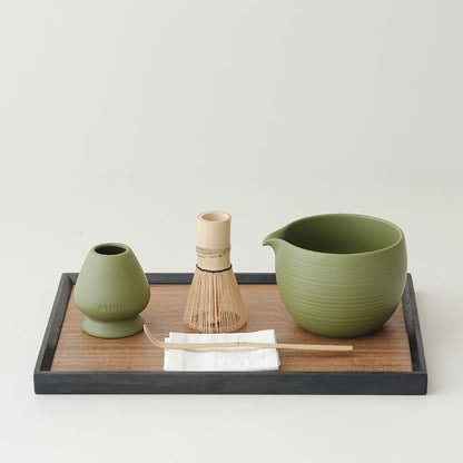 Matcha Whisk Set, Ceramic Matcha Bowl & Whisk Holder, Bamboo Accessory, Modern Design (Matte Crème, Pouring Spout) (Matte Crème)