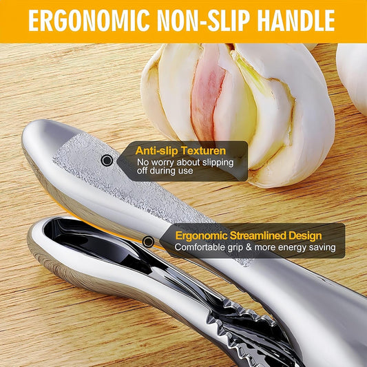 Stainless Steel Garlic Press and Slicer - 2-in-1 Crusher and Mincer, Professional Kitchen Tool with Cleaning Brush for Garlic and Ginger, Aluminum Alloy