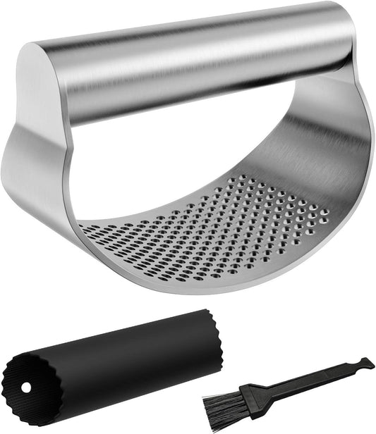 Upgraded Garlic Press Rocker Full Stainless Steel, Garlic Mincer, Garlic Crusher Squeezer with Silicone Peeler and Cleaning Brush, Rustproof and Dishwasher Safe