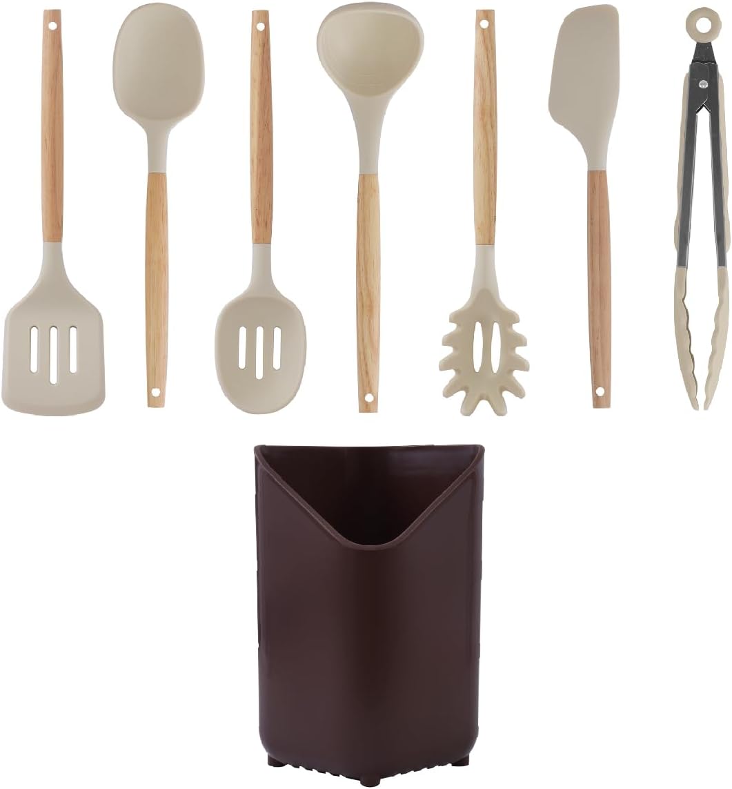 Glad Silicone Kitchen Utensils Set, 8pcs - Nonstick Cooking Tools with Wooden Handles and Utensil Holder - Spatula Set with Turner, Ladle, Spoons, Tongs, and Spaghetti Server - Blue