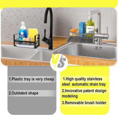 Stainless Steel Kitchen Sink Caddy Organizer with Auto Drain Tray, Sponge Holder for Countertop Storage