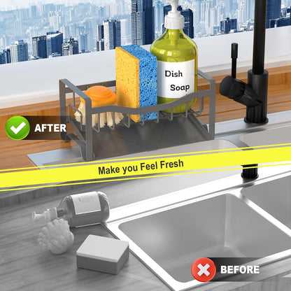 Stainless Steel Kitchen Sink Caddy Organizer with Auto Drain Tray, Sponge Holder for Countertop Storage