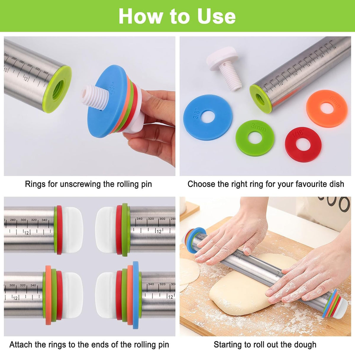 Adjustable Rolling Pin with Thickness Rings for Baking, Stainless Steel Designs Dough Roller Pins for Cookie Decorating Baking Supplies Fondant Cake Baker