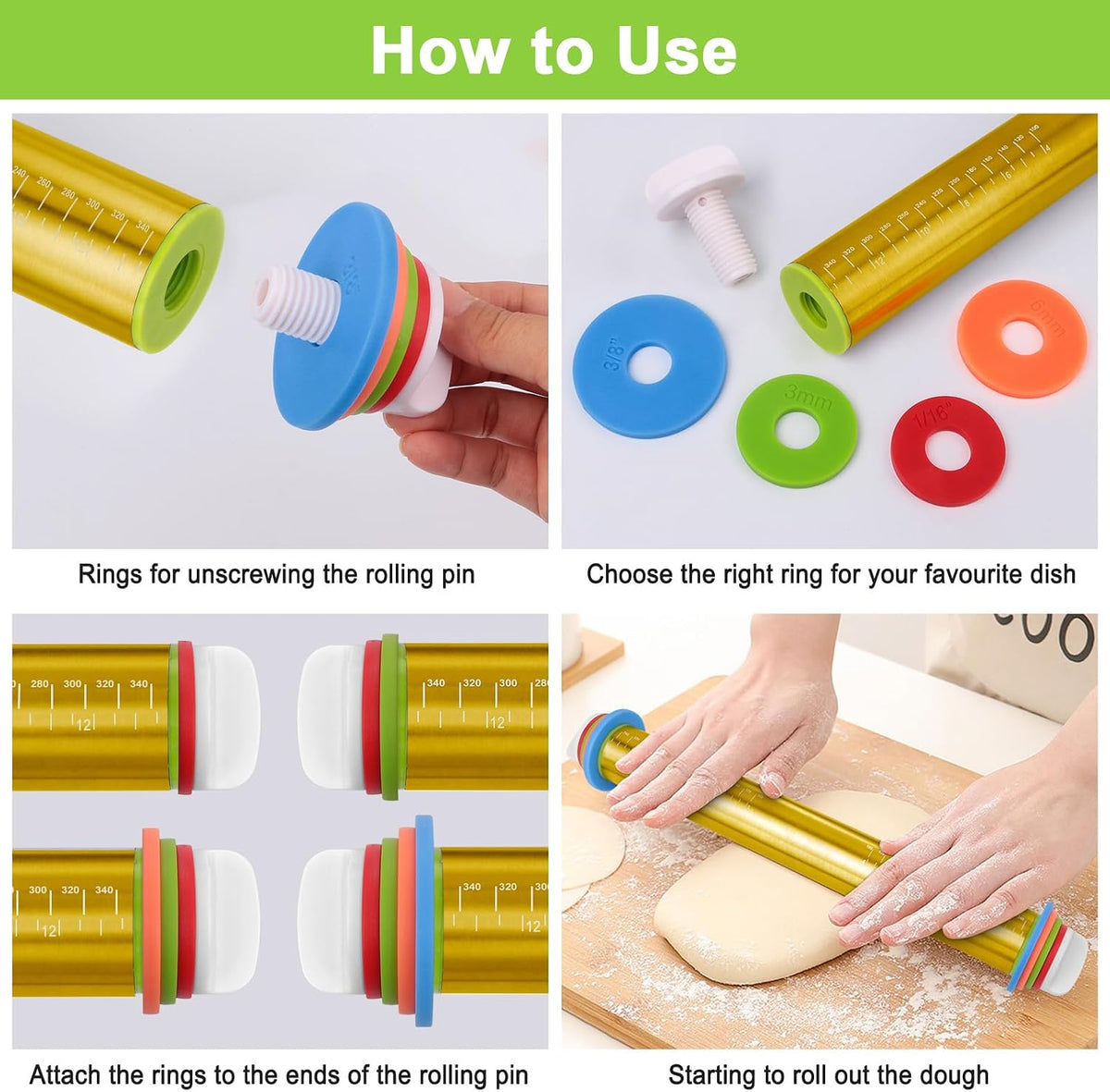 Adjustable Rolling Pin with Thickness Rings for Baking, Stainless Steel Designs Dough Roller Pins for Cookie Decorating Baking Supplies Fondant Cake Baker