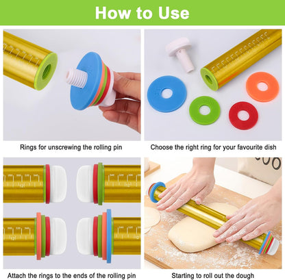 Adjustable Rolling Pin with Thickness Rings for Baking, Stainless Steel Designs Dough Roller Pins for Cookie Decorating Baking Supplies Fondant Cake Baker