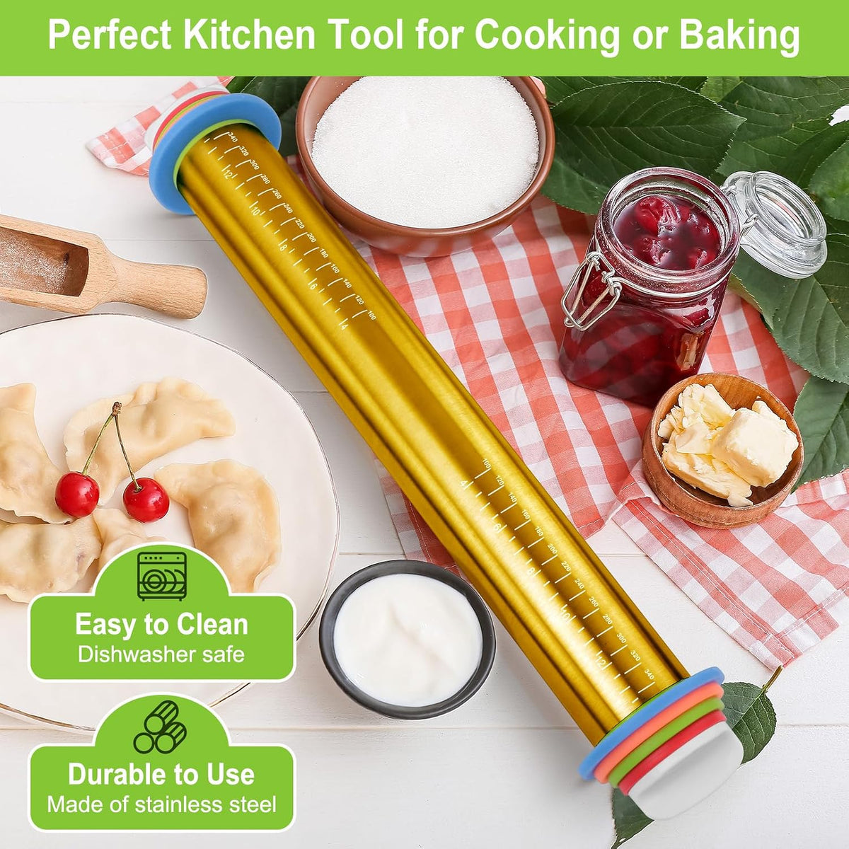Adjustable Rolling Pin with Thickness Rings for Baking, Stainless Steel Designs Dough Roller Pins for Cookie Decorating Baking Supplies Fondant Cake Baker