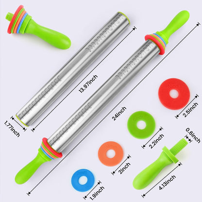 Adjustable Rolling Pin with Thickness Rings for Baking, Stainless Steel Designs Dough Roller Pins for Cookie Decorating Baking Supplies Fondant Cake Baker