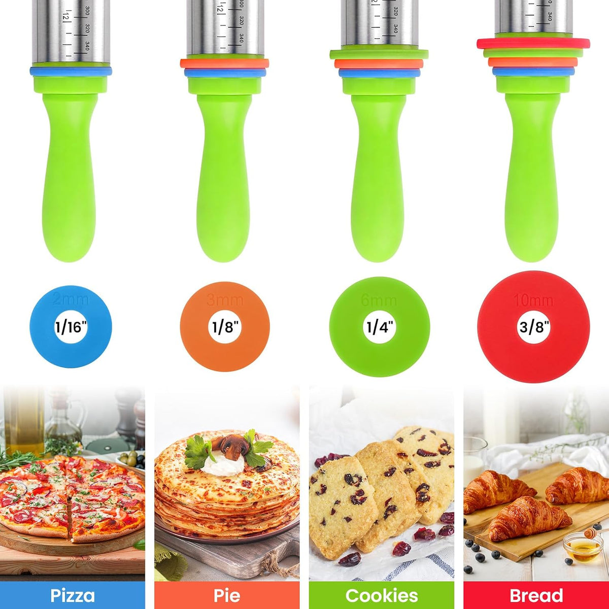 Adjustable Rolling Pin with Thickness Rings for Baking, Stainless Steel Designs Dough Roller Pins for Cookie Decorating Baking Supplies Fondant Cake Baker