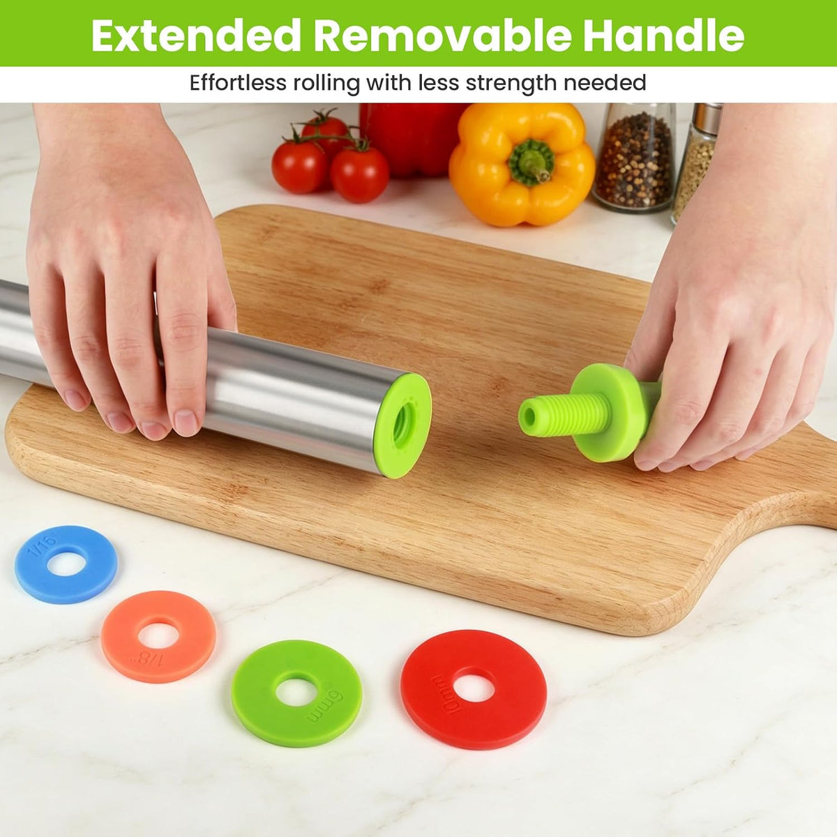 Adjustable Rolling Pin with Thickness Rings for Baking, Stainless Steel Designs Dough Roller Pins for Cookie Decorating Baking Supplies Fondant Cake Baker