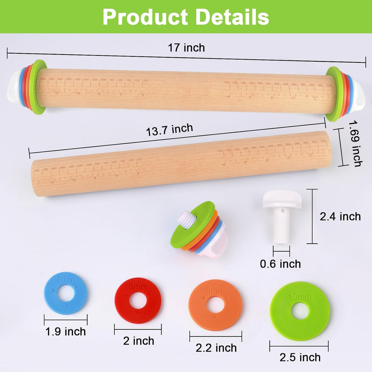 Adjustable Rolling Pin with Thickness Rings for Baking, Stainless Steel Designs Dough Roller Pins for Cookie Decorating Baking Supplies Fondant Cake Baker