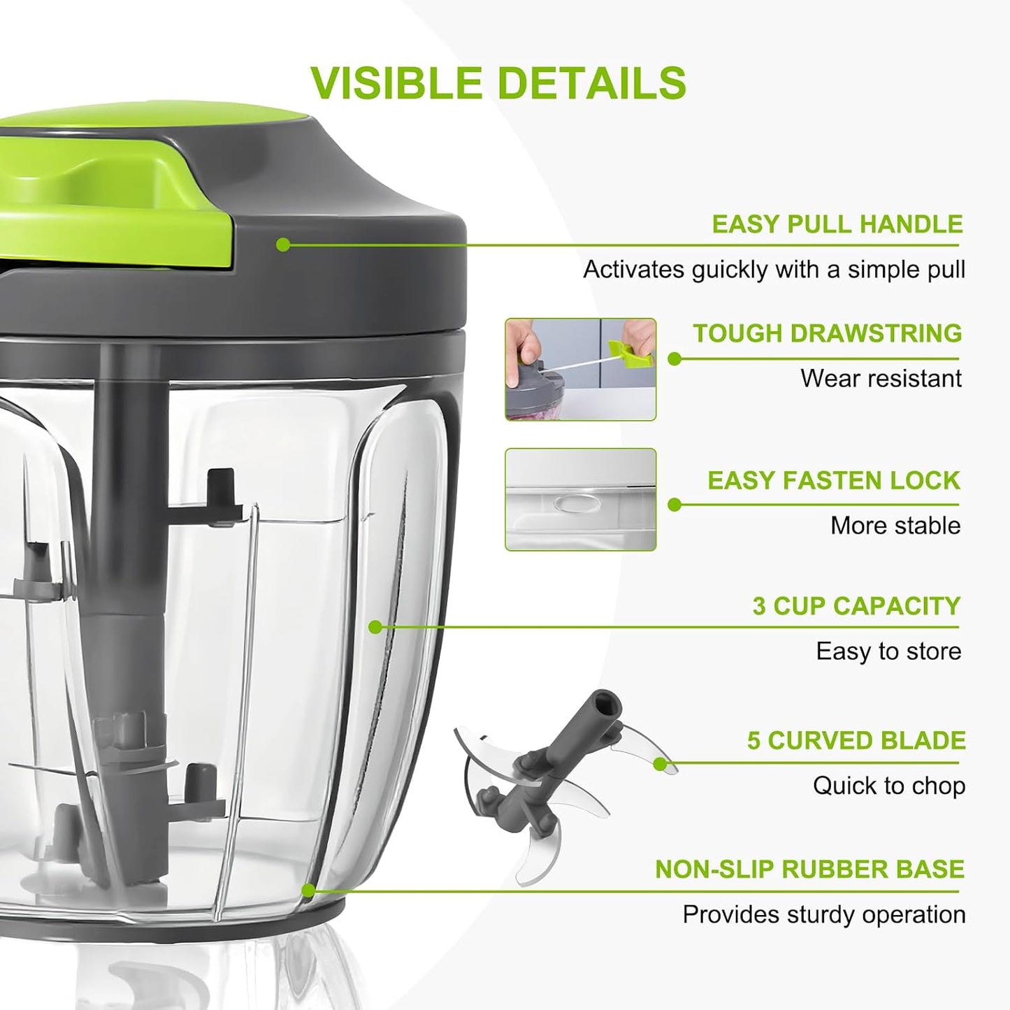 Manual Food Processor Vegetable Chopper, Portable Hand Pull String Garlic Mincer Onion Cutter for Veggies, Ginger, Fruits, Nuts, Herbs, etc., 900ml-Gray
