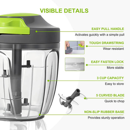 Manual Food Processor Vegetable Chopper, Portable Hand Pull String Garlic Mincer Onion Cutter for Veggies, Ginger, Fruits, Nuts, Herbs, etc., 900ml-Gray