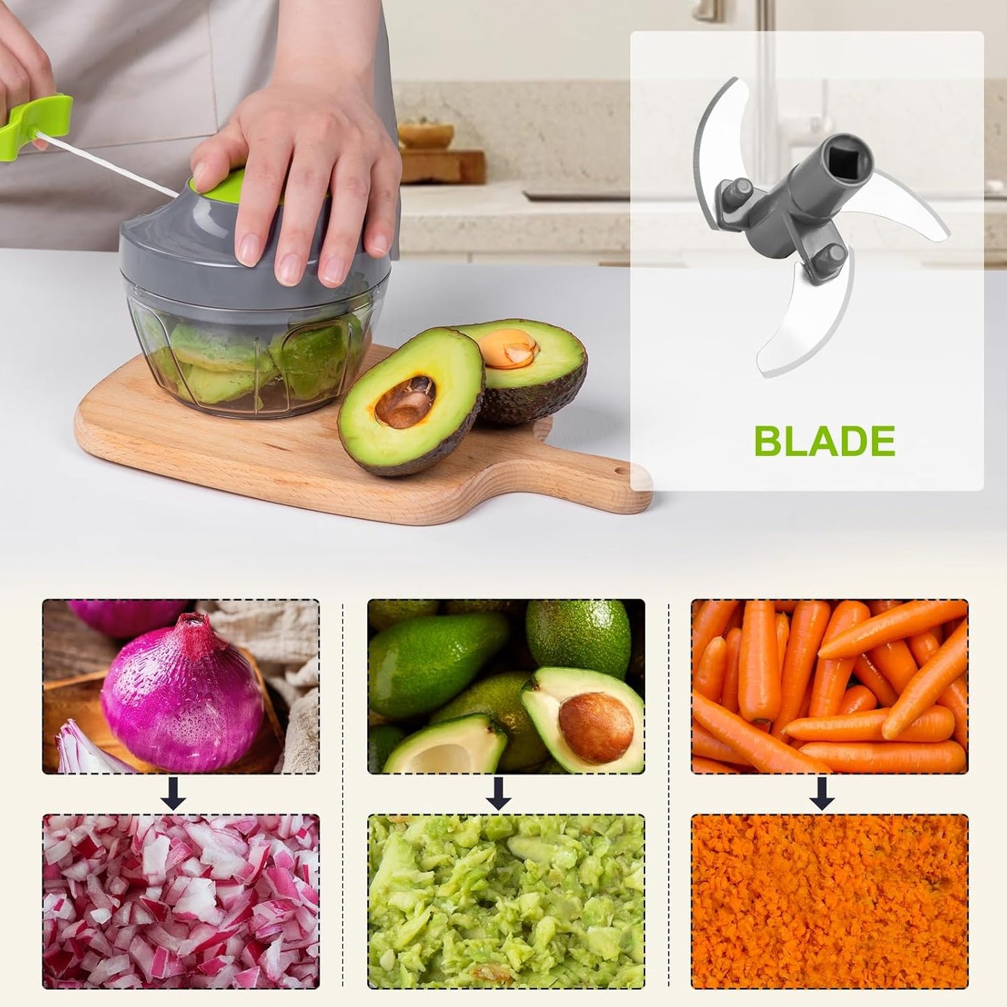 Manual Food Processor Vegetable Chopper, Portable Hand Pull String Garlic Mincer Onion Cutter for Veggies, Ginger, Fruits, Nuts, Herbs, etc., 900ml-Gray