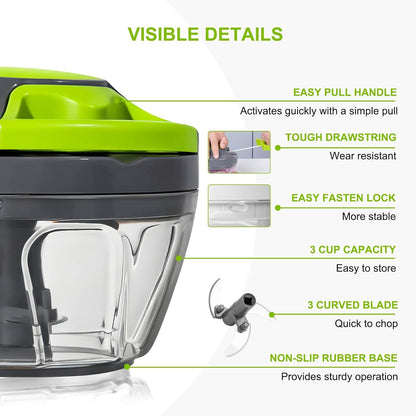 Manual Food Processor Vegetable Chopper, Portable Hand Pull String Garlic Mincer Onion Cutter for Veggies, Ginger, Fruits, Nuts, Herbs, etc., 900ml-Gray