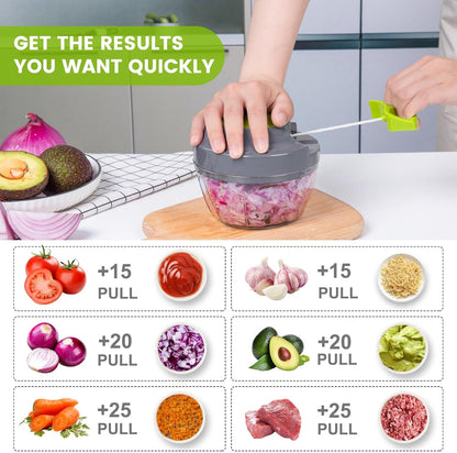 Manual Food Processor Vegetable Chopper, Portable Hand Pull String Garlic Mincer Onion Cutter for Veggies, Ginger, Fruits, Nuts, Herbs, etc., 900ml-Gray