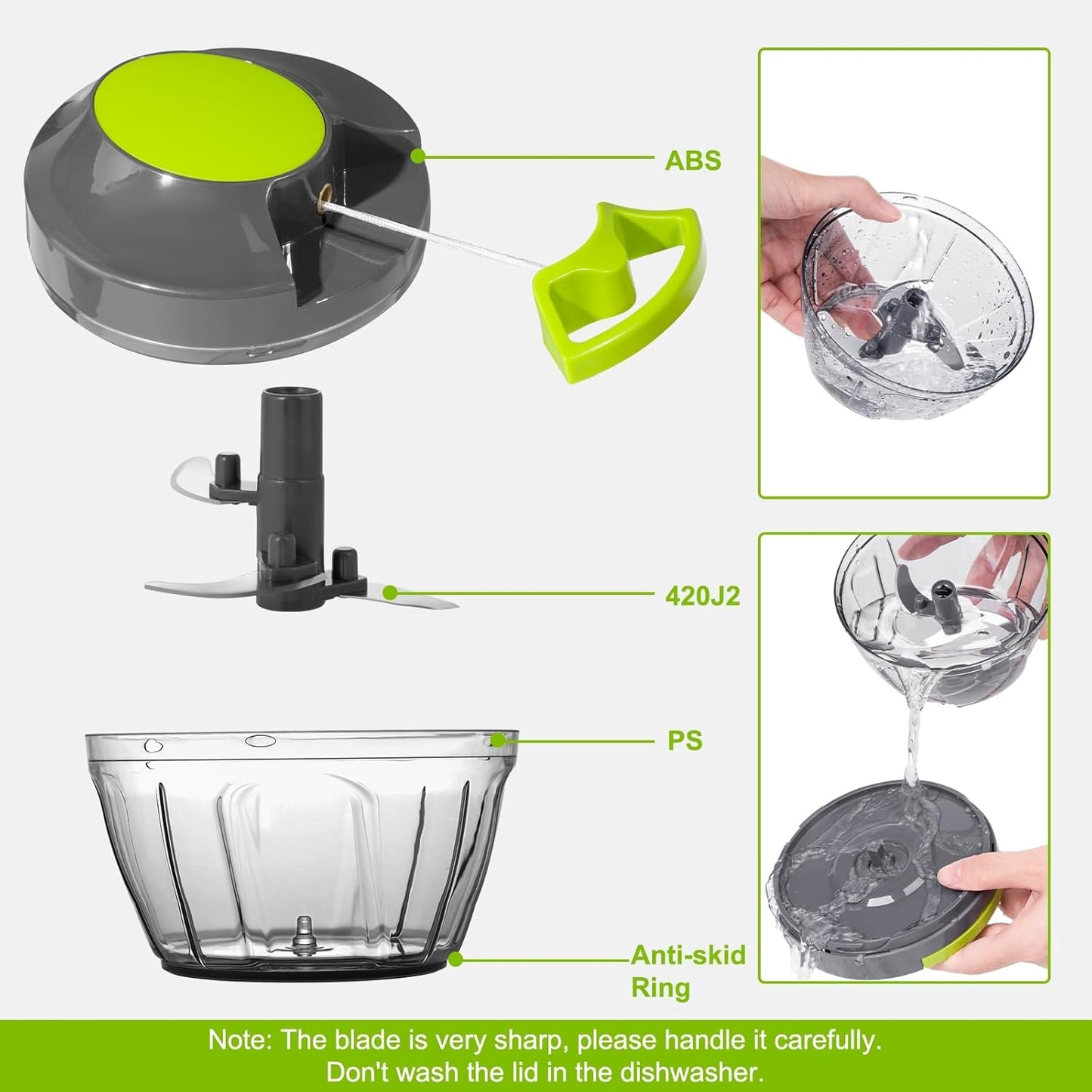 Manual Food Processor Vegetable Chopper, Portable Hand Pull String Garlic Mincer Onion Cutter for Veggies, Ginger, Fruits, Nuts, Herbs, etc., 900ml-Gray