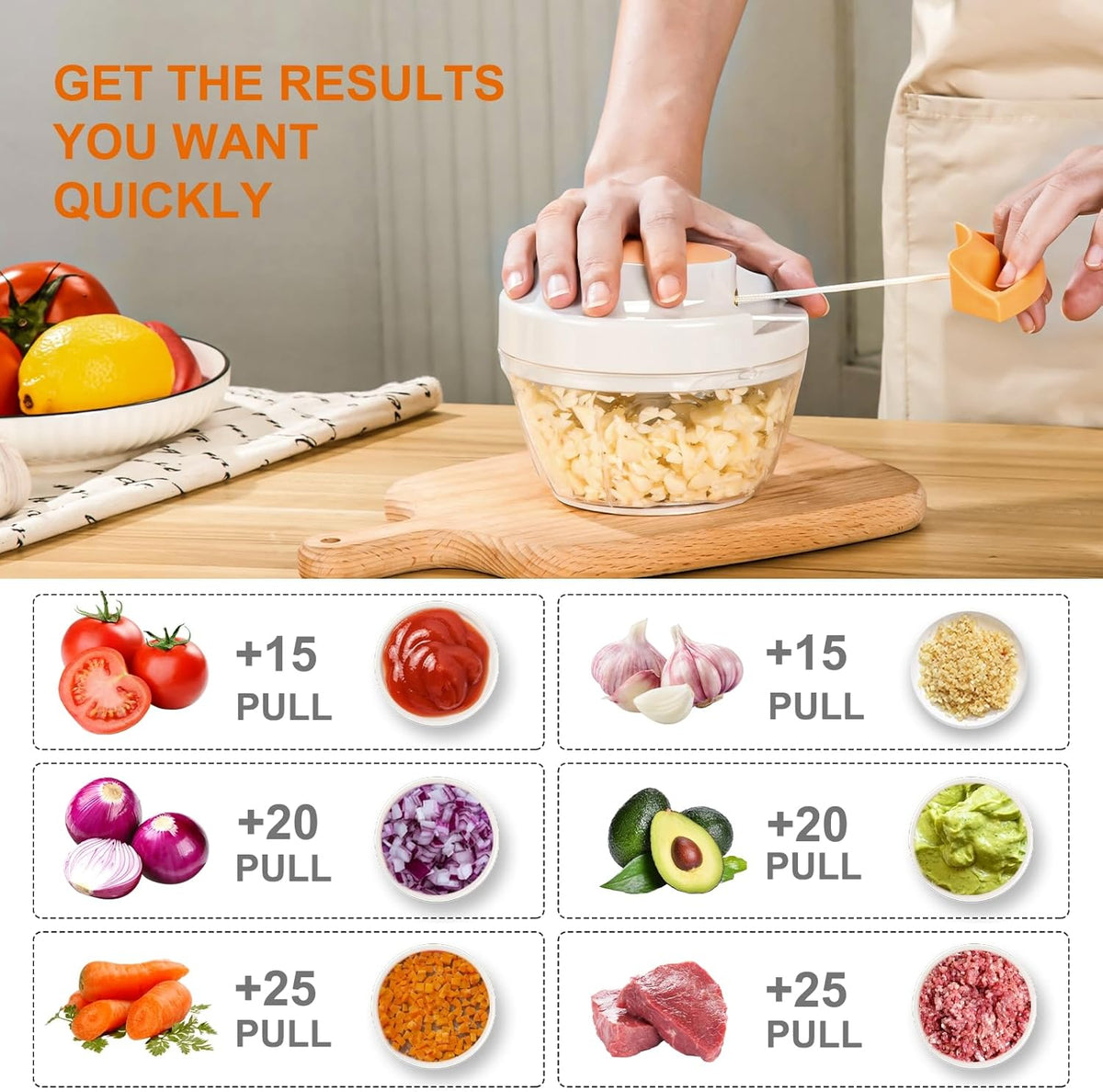Manual Food Processor Vegetable Chopper, Portable Hand Pull String Garlic Mincer Onion Cutter for Veggies, Ginger, Fruits, Nuts, Herbs, etc., 900ml-Gray