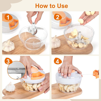 Manual Food Processor Vegetable Chopper, Portable Hand Pull String Garlic Mincer Onion Cutter for Veggies, Ginger, Fruits, Nuts, Herbs, etc., 900ml-Gray