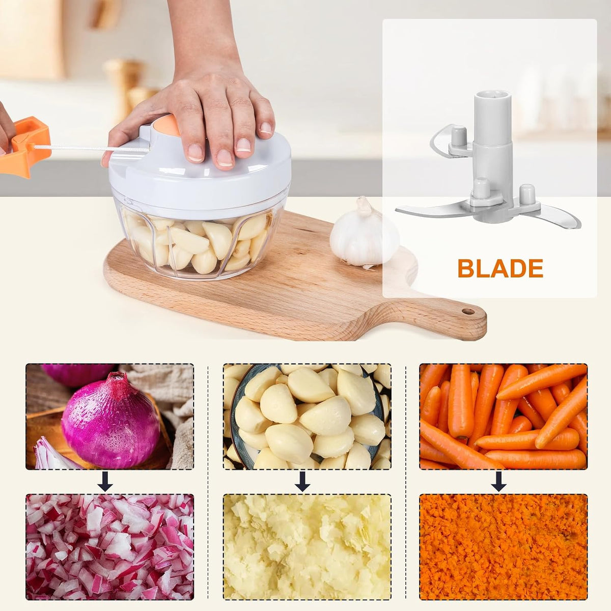 Manual Food Processor Vegetable Chopper, Portable Hand Pull String Garlic Mincer Onion Cutter for Veggies, Ginger, Fruits, Nuts, Herbs, etc., 900ml-Gray