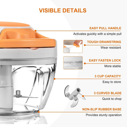 Manual Food Processor Vegetable Chopper, Portable Hand Pull String Garlic Mincer Onion Cutter for Veggies, Ginger, Fruits, Nuts, Herbs, etc., 900ml-Gray