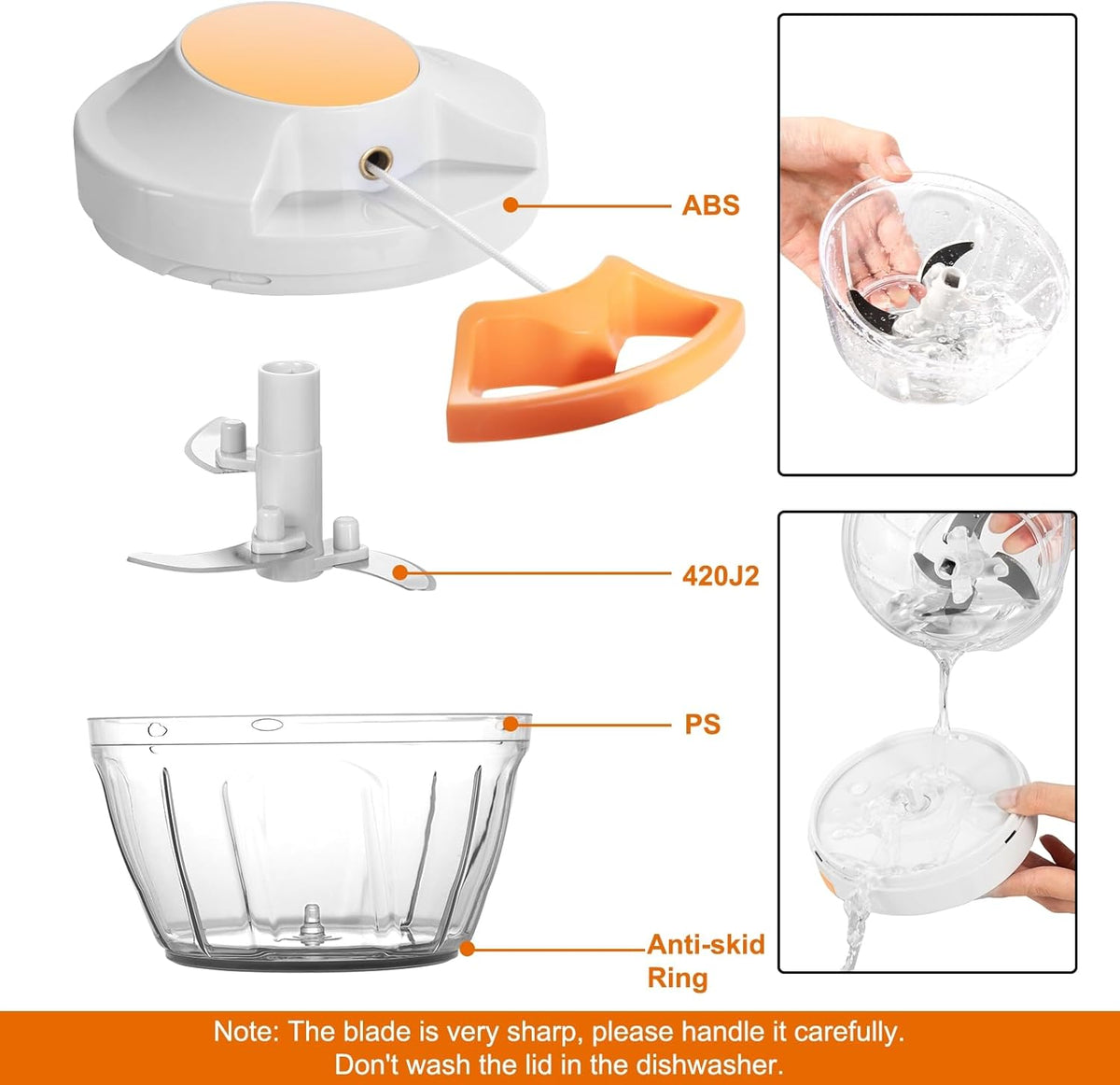 Manual Food Processor Vegetable Chopper, Portable Hand Pull String Garlic Mincer Onion Cutter for Veggies, Ginger, Fruits, Nuts, Herbs, etc., 900ml-Gray