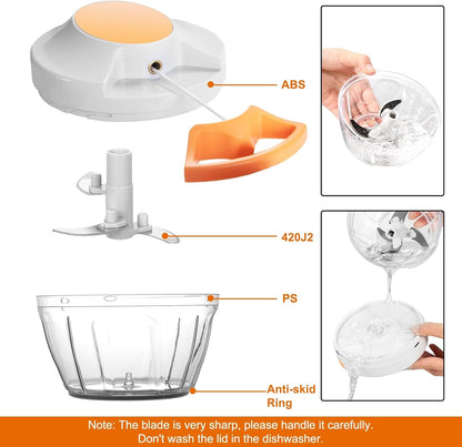 Manual Food Processor Vegetable Chopper, Portable Hand Pull String Garlic Mincer Onion Cutter for Veggies, Ginger, Fruits, Nuts, Herbs, etc., 900ml-Gray