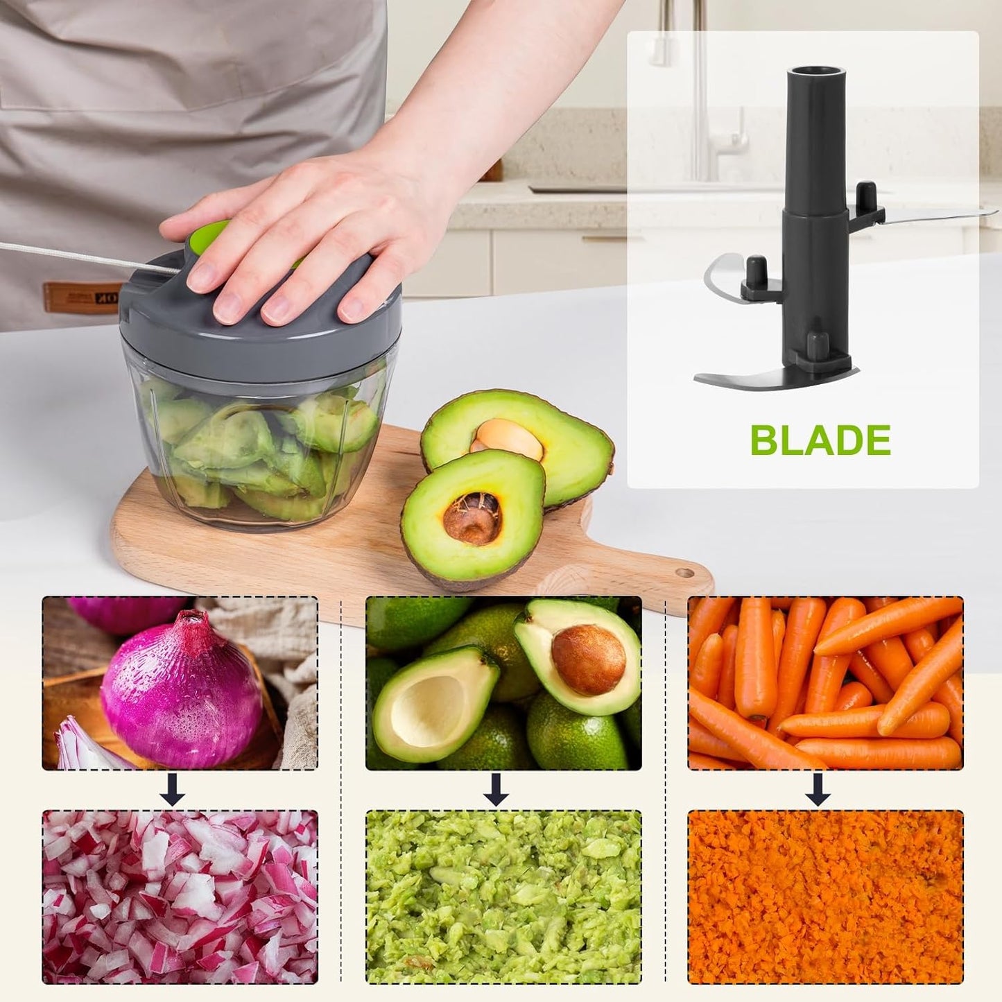 Manual Food Processor Vegetable Chopper, Portable Hand Pull String Garlic Mincer Onion Cutter for Veggies, Ginger, Fruits, Nuts, Herbs, etc., 900ml-Gray