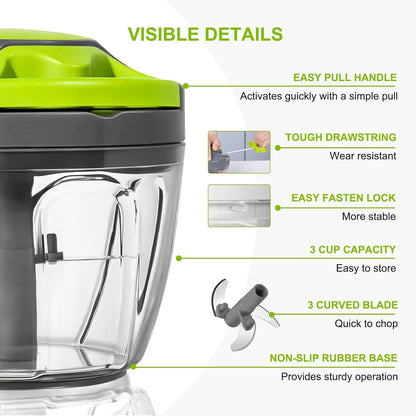 Manual Food Processor Vegetable Chopper, Portable Hand Pull String Garlic Mincer Onion Cutter for Veggies, Ginger, Fruits, Nuts, Herbs, etc., 900ml-Gray