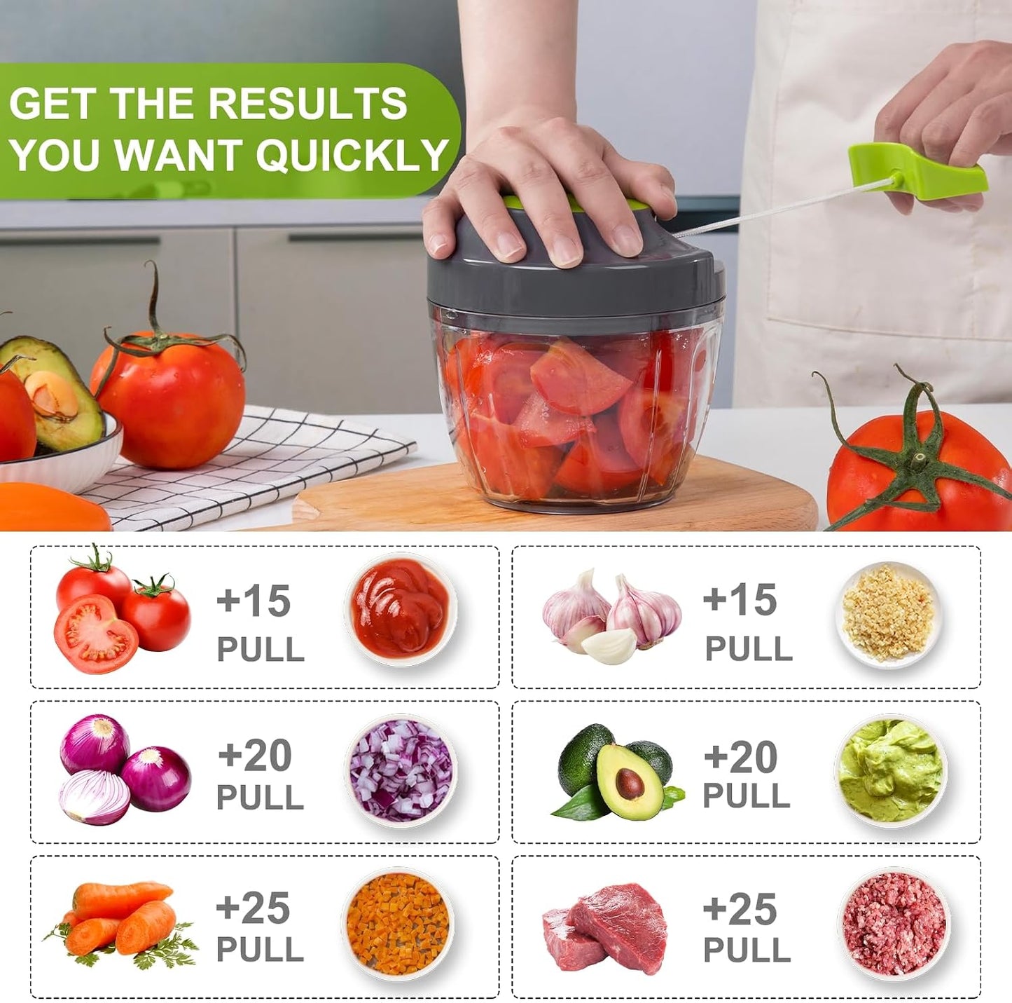 Manual Food Processor Vegetable Chopper, Portable Hand Pull String Garlic Mincer Onion Cutter for Veggies, Ginger, Fruits, Nuts, Herbs, etc., 900ml-Gray