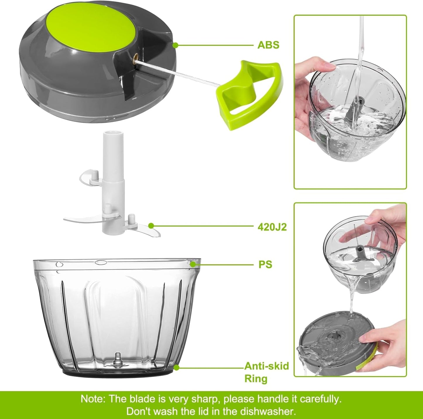 Manual Food Processor Vegetable Chopper, Portable Hand Pull String Garlic Mincer Onion Cutter for Veggies, Ginger, Fruits, Nuts, Herbs, etc., 900ml-Gray