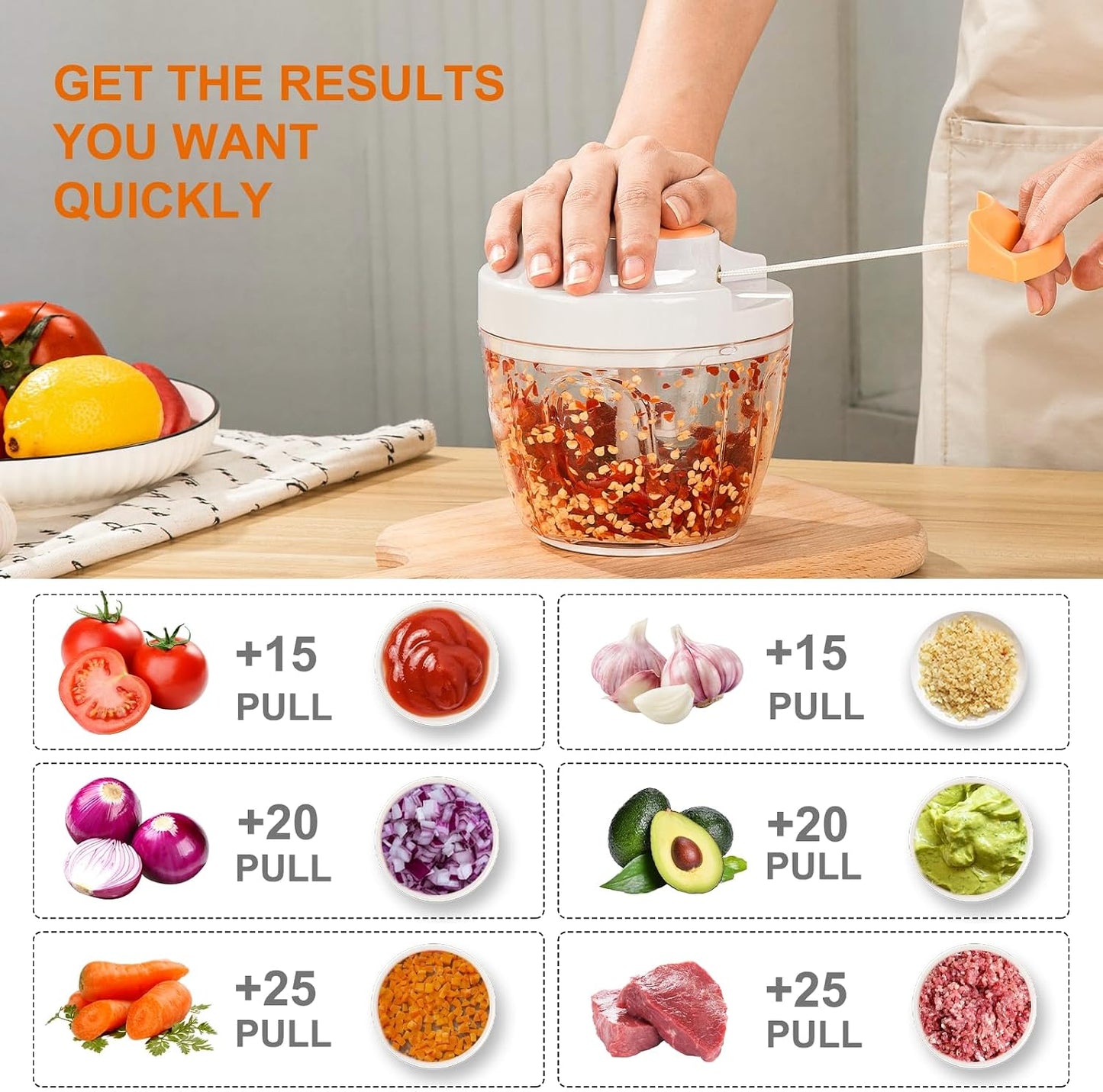 Manual Food Processor Vegetable Chopper, Portable Hand Pull String Garlic Mincer Onion Cutter for Veggies, Ginger, Fruits, Nuts, Herbs, etc., 900ml-Gray