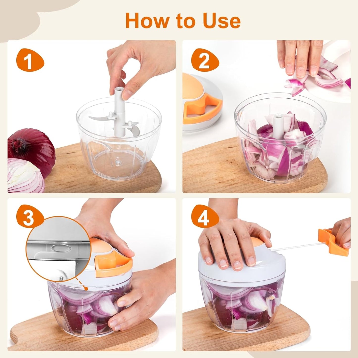 Manual Food Processor Vegetable Chopper, Portable Hand Pull String Garlic Mincer Onion Cutter for Veggies, Ginger, Fruits, Nuts, Herbs, etc., 900ml-Gray