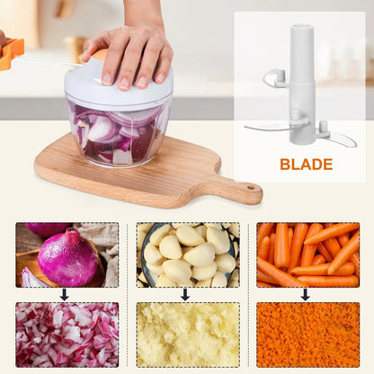 Manual Food Processor Vegetable Chopper, Portable Hand Pull String Garlic Mincer Onion Cutter for Veggies, Ginger, Fruits, Nuts, Herbs, etc., 900ml-Gray