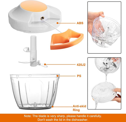 Manual Food Processor Vegetable Chopper, Portable Hand Pull String Garlic Mincer Onion Cutter for Veggies, Ginger, Fruits, Nuts, Herbs, etc., 900ml-Gray
