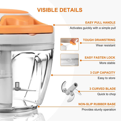 Manual Food Processor Vegetable Chopper, Portable Hand Pull String Garlic Mincer Onion Cutter for Veggies, Ginger, Fruits, Nuts, Herbs, etc., 900ml-Gray