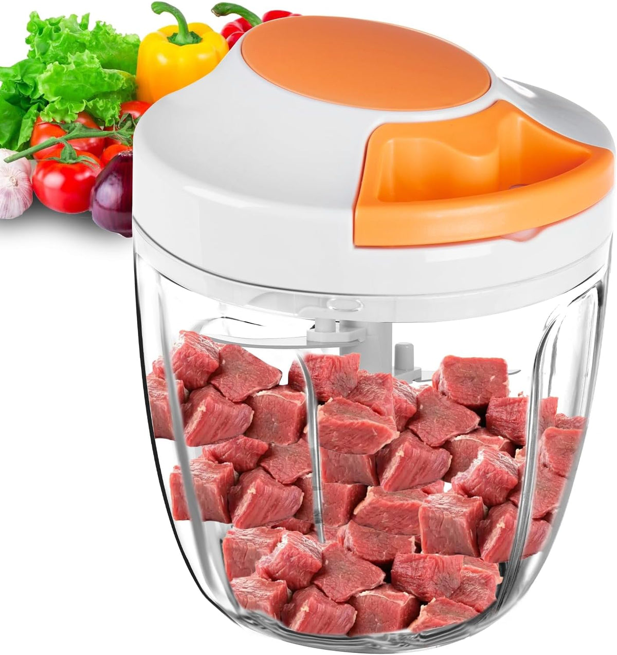 Manual Food Processor Vegetable Chopper, Portable Hand Pull String Garlic Mincer Onion Cutter for Veggies, Ginger, Fruits, Nuts, Herbs, etc., 900ml-Gray