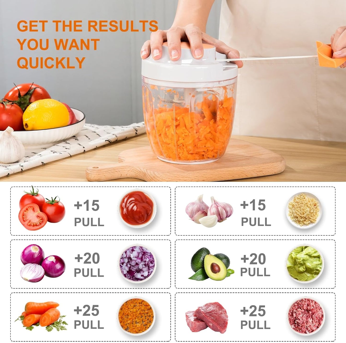 Manual Food Processor Vegetable Chopper, Portable Hand Pull String Garlic Mincer Onion Cutter for Veggies, Ginger, Fruits, Nuts, Herbs, etc., 900ml-Gray