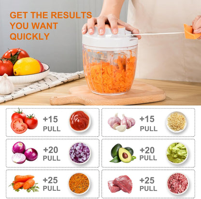 Manual Food Processor Vegetable Chopper, Portable Hand Pull String Garlic Mincer Onion Cutter for Veggies, Ginger, Fruits, Nuts, Herbs, etc., 900ml-Gray