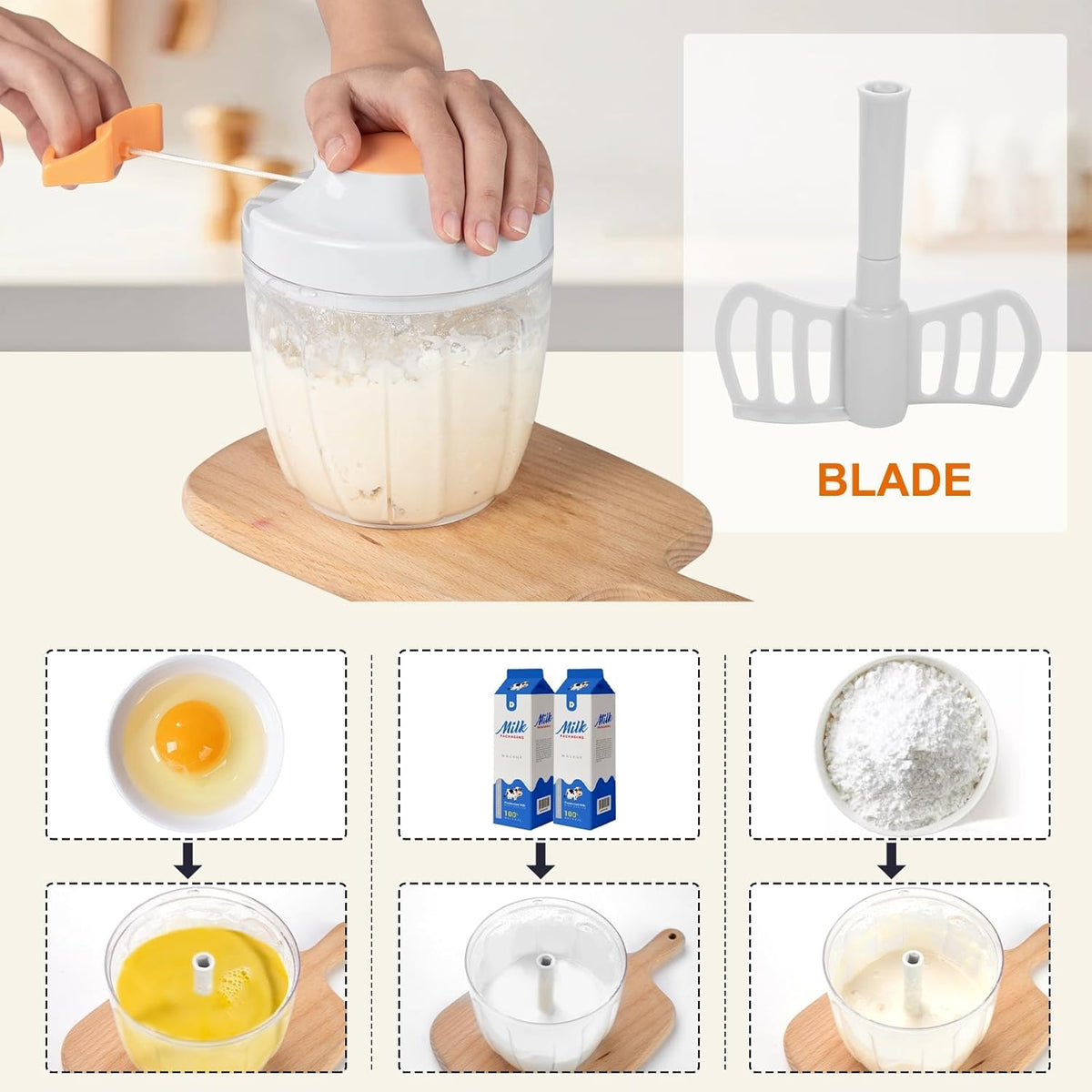 Manual Food Processor Vegetable Chopper, Portable Hand Pull String Garlic Mincer Onion Cutter for Veggies, Ginger, Fruits, Nuts, Herbs, etc., 900ml-Gray