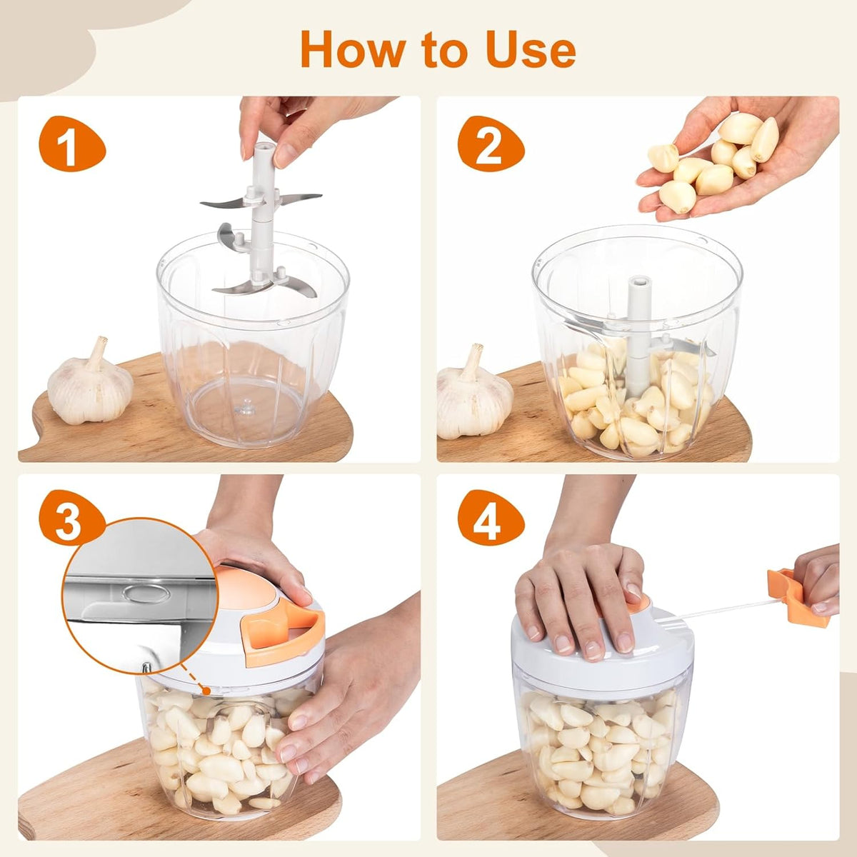 Manual Food Processor Vegetable Chopper, Portable Hand Pull String Garlic Mincer Onion Cutter for Veggies, Ginger, Fruits, Nuts, Herbs, etc., 900ml-Gray