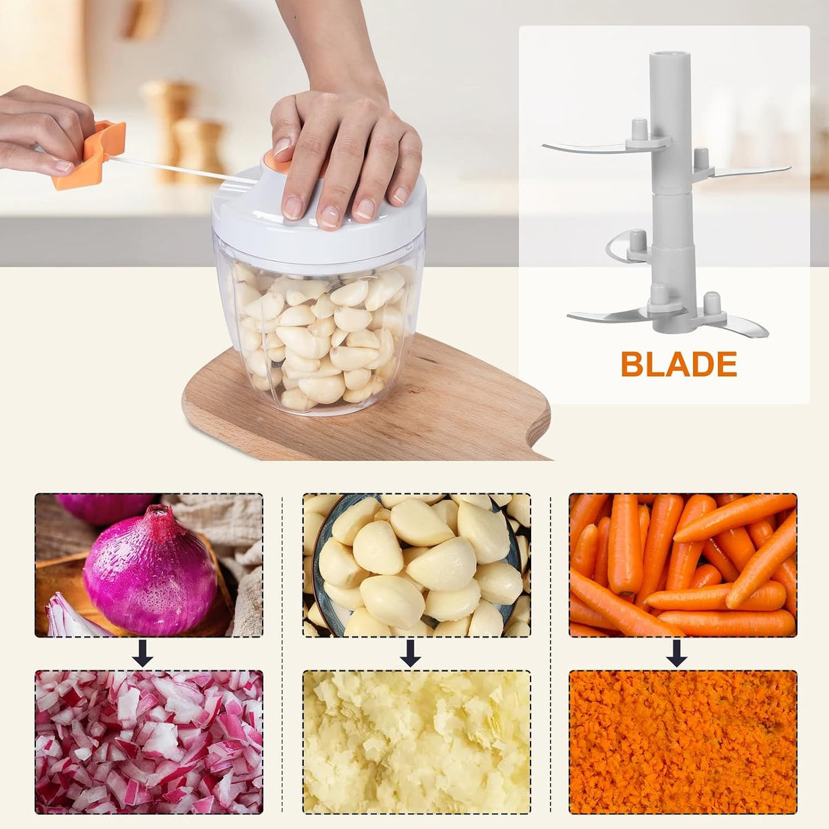 Manual Food Processor Vegetable Chopper, Portable Hand Pull String Garlic Mincer Onion Cutter for Veggies, Ginger, Fruits, Nuts, Herbs, etc., 900ml-Gray