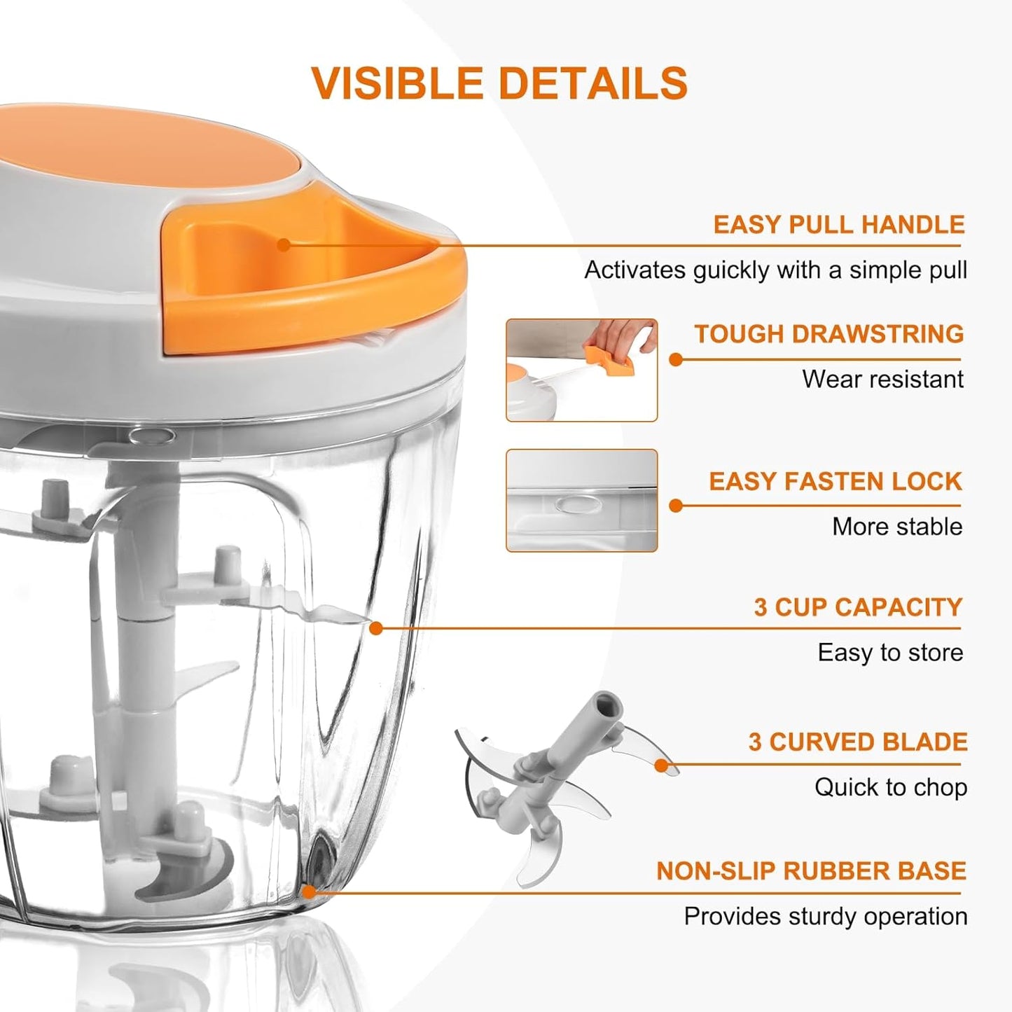 Manual Food Processor Vegetable Chopper, Portable Hand Pull String Garlic Mincer Onion Cutter for Veggies, Ginger, Fruits, Nuts, Herbs, etc., 900ml-Gray