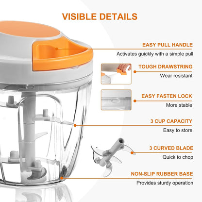 Manual Food Processor Vegetable Chopper, Portable Hand Pull String Garlic Mincer Onion Cutter for Veggies, Ginger, Fruits, Nuts, Herbs, etc., 900ml-Gray