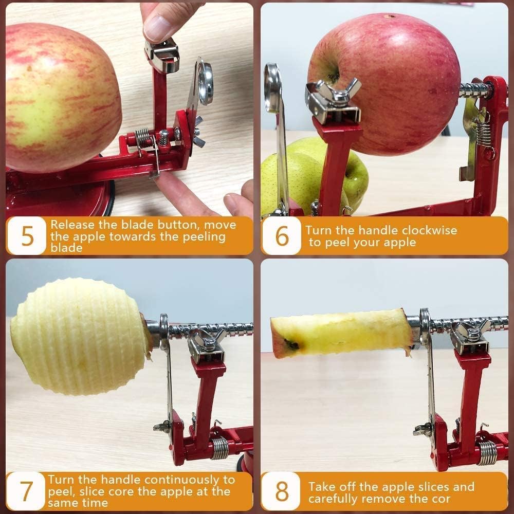 Apple Peeler, Slicer Corer Potato Peelers 3 In 1, Stainless Steel Heavy Duty Suction Cup Base And 7 Extra Blades (Red)