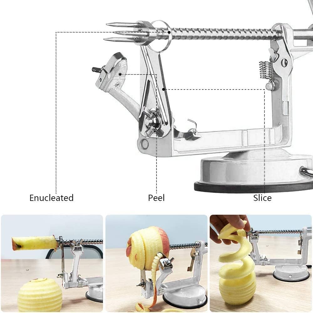 Apple Peeler, Slicer Corer Potato Peelers 3 In 1, Stainless Steel Heavy Duty Suction Cup Base And 7 Extra Blades (Red)